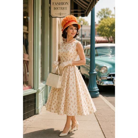 Vintage 1960s Orange Floral Raffia Straw Hat Velvet Ribbon Garden Party main image 5